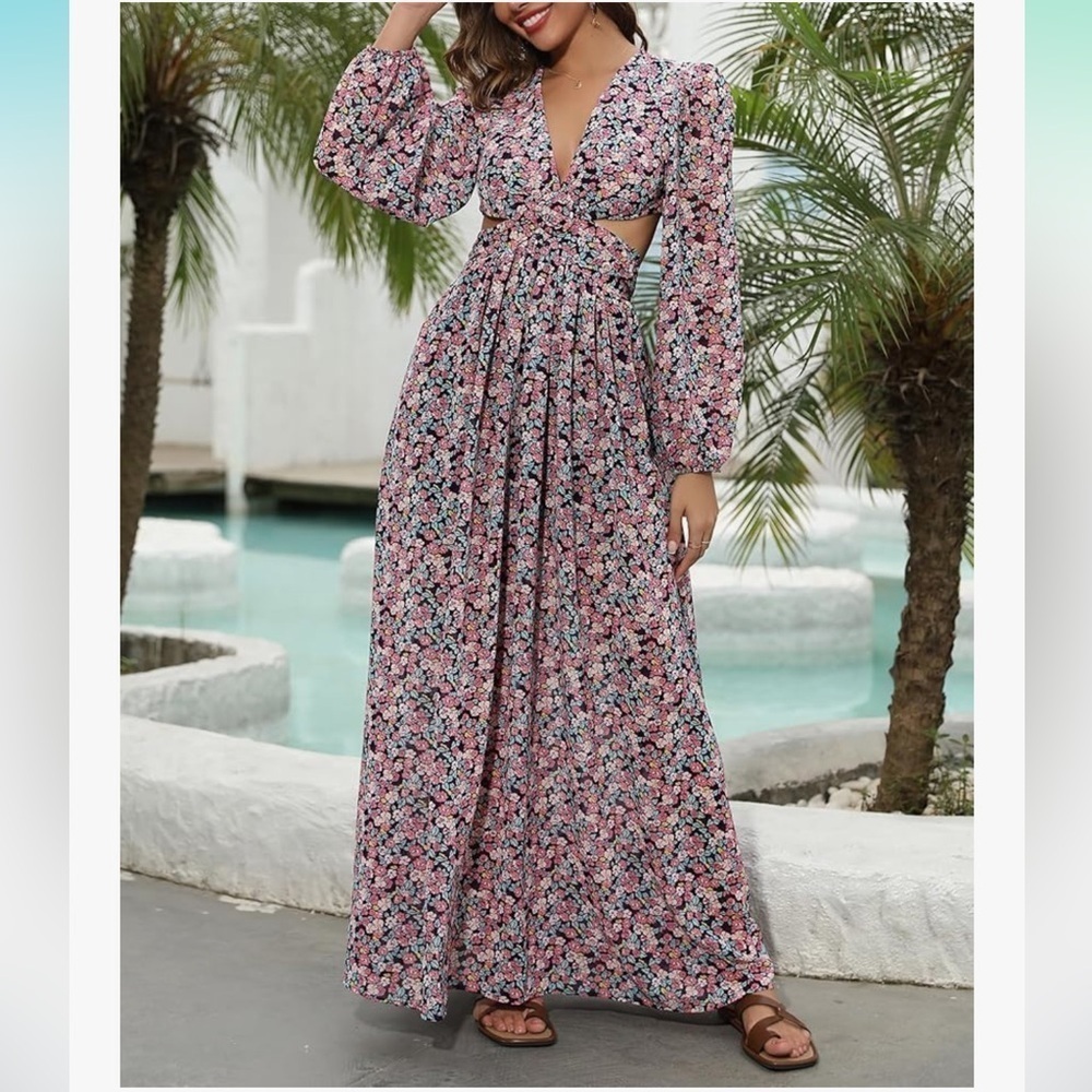 Romantic Floral Waist Cut Out Long Sleeve Flowy Long Maxi Beach Dress Sz10 NWT
